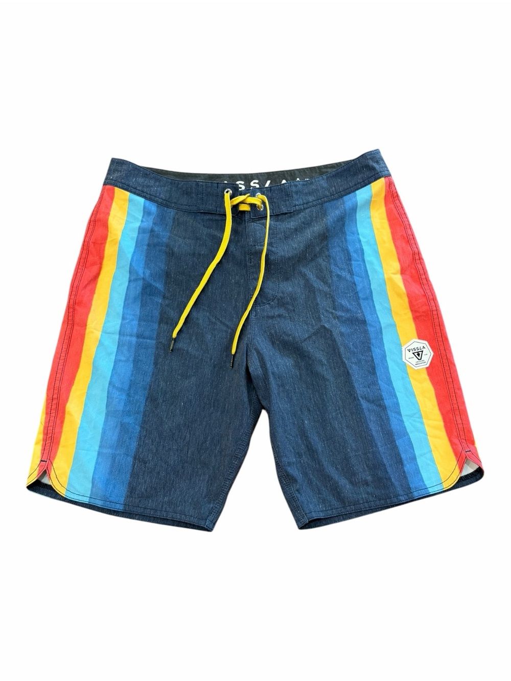 VISSLA Navy Recline Boardshorts with Rainbow Side Stripes 32